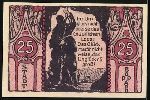 Notgeld Boppard 1921, 25 Pfennig, Darstellung der Muttergottes und Glocken, Stadtansicht und Spruch auf der Rückseite