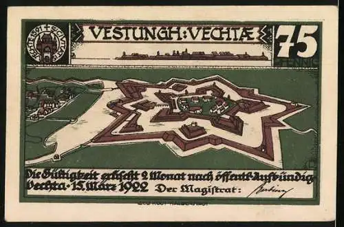 Notgeld Vechta, 1922, 75 Pfennig, Hund und Festung Motiv