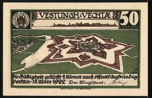 Notgeld Vechta 1922, 50 Pfennig, Festungsansicht und Ritter beim Kampf