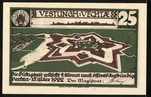 Notgeld Vechta, 1922, 25 Pfennig, Festung Vechta mit historischen Szenen und Text