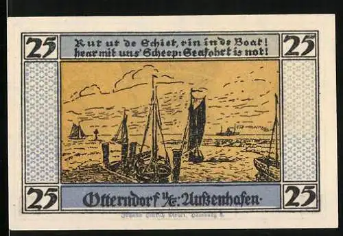 Notgeld Otterndorf 1920, 25 Pfennig, Segelschiffe im Hafen und Stadtwappen