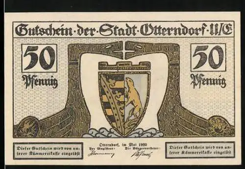 Notgeld Otterndorf 1920, 50 Pfennig, Gutschein der Stadt Otterndorf mit Stadtwappen und Innerhafen-Szene