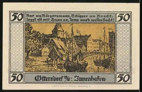 Notgeld Otterndorf 1920, 50 Pfennig, Gutschein der Stadt Otterndorf mit Stadtwappen und Innerhafen-Szene