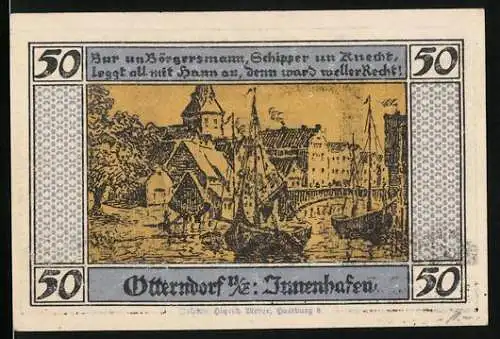 Notgeld Otterndorf 1920, 50 Pfennig, Innenhafen und Stadtwappen