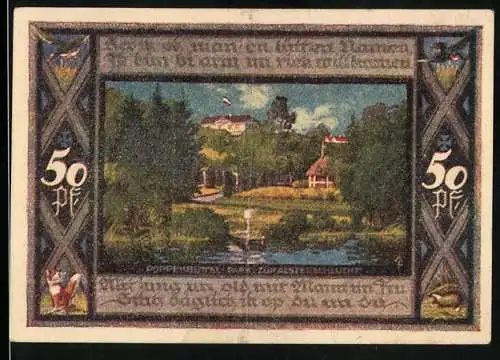 Notgeld Poppenbüttel, 1921, 50 Pf, Landschaft mit Fluss und Wappen, Gemeinde Poppenbüttel am 1. Juli 1921