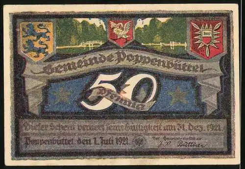 Notgeld Poppenbüttel, 1921, 50 Pf, Landschaft mit Fluss und Wappen, Gemeinde Poppenbüttel am 1. Juli 1921