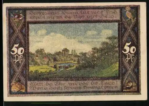 Notgeld Poppenbüttel, 1921, 50 Pf, Landschaftsmotiv mit Wappen und Schriftzug der Gemeinde, beidseitig bedruckt