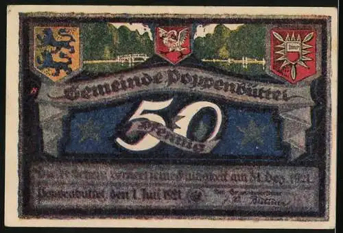 Notgeld Poppenbüttel, 1921, 50 Pf, Landschaftsmotiv mit Wappen und Schriftzug der Gemeinde, beidseitig bedruckt