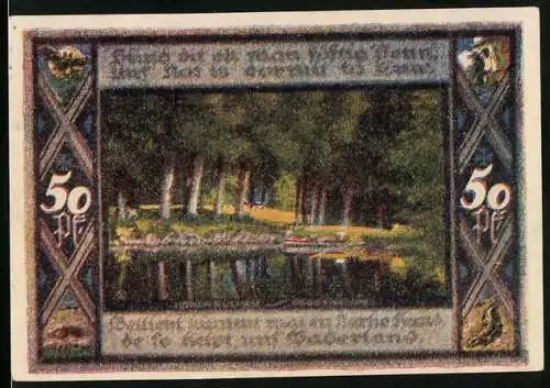 Notgeld Poppenbüttel 1921, 50 Pf, Waldlandschaft und Wappen der Gemeinde