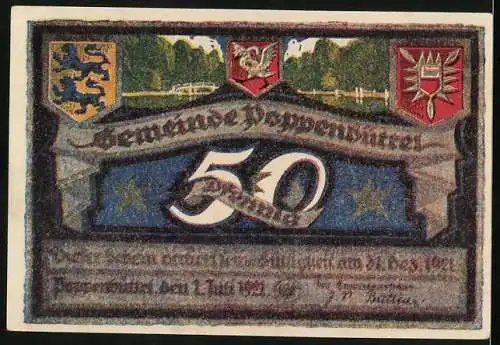 Notgeld Poppenbüttel 1921, 50 Pf, Waldlandschaft und Wappen der Gemeinde