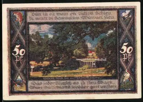 Notgeld Neumünster 1921, 50 Pf, Landschaft und Wappen der Stadt