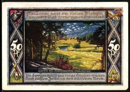 Notgeld Poppenbüttel 1921, 50 Pf, Alster bei Poppenbüttel und Wappen