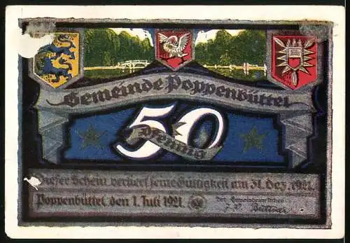 Notgeld Poppenbüttel 1921, 50 Pf, Alster bei Poppenbüttel und Wappen