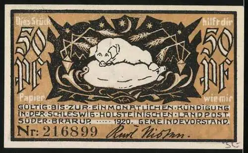 Notgeld Süderbrarup, 1920, 50 Pfennig, Vorderseite mit Kirche, Windmühle und Schornstein
