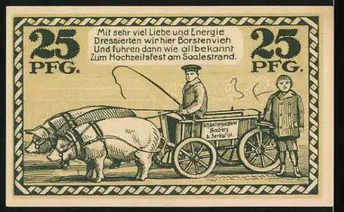 Notgeld Hohenlepte 1918, 25 Pfennig, Domäne Badetz bei Zerbst Schweinezucht, Motiv mit Schweinen und Karren