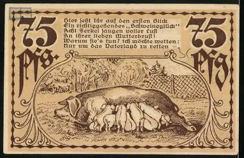Notgeld Hohenlepte 1918, 75 Pfennig, Domäne Badetz Schweinezüchterei, Gültig bis 1921, Nr. 0505, Sau mit Ferkeln