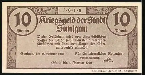 Notgeld Saulgau 1918, 10 Pfennig, Kriegsgeld mit Wappen und Stadtansicht