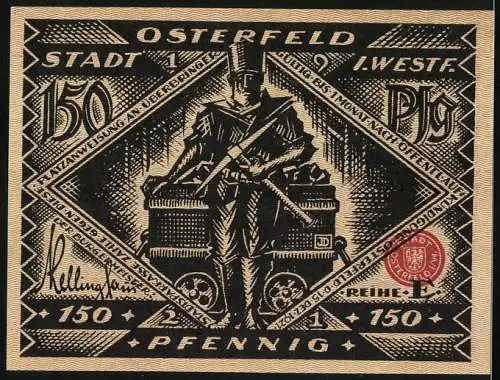 Notgeld Osterfeld 1921, 150 Pfennig, Stadtansicht mit Zug und Arbeiter mit Schubkarre