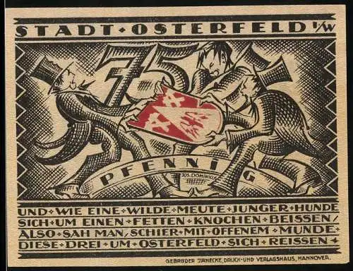 Notgeld Osterfeld 1921, 75 Pfennig, kämpfende Figuren und Bergmann mit Lore