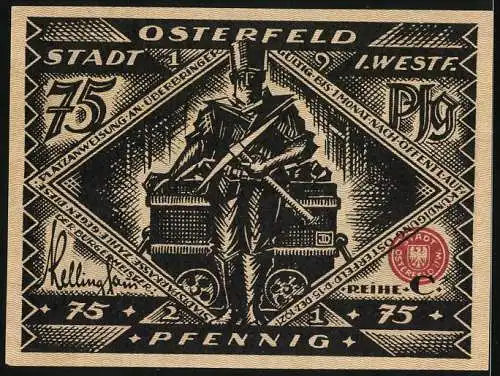 Notgeld Osterfeld 1921, 75 Pfennig, kämpfende Figuren und Bergmann mit Lore