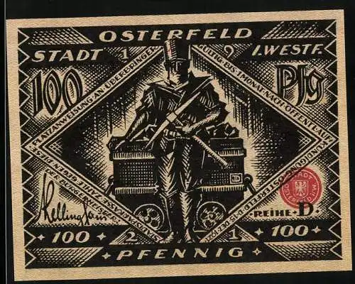 Notgeld Osterfeld, 1921, 100 Pfennig, Bergmann mit Lore auf der Vorderseite, schlafende Person auf der Rückseite