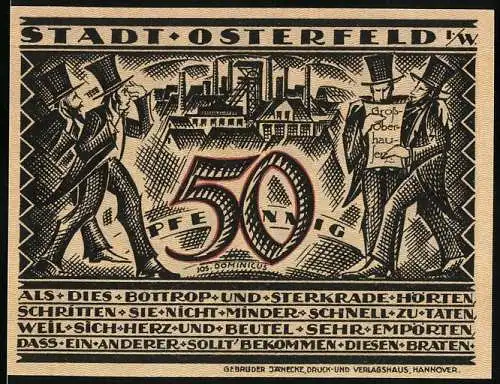Notgeld Osterfeld, 1921, 50 Pfennig, Vorderseite mit Stadtansicht und Schriftzug, Rückseite mit Bergmann und Förderwagen