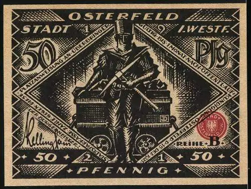 Notgeld Osterfeld, 1921, 50 Pfennig, Vorderseite mit Stadtansicht und Schriftzug, Rückseite mit Bergmann und Förderwagen