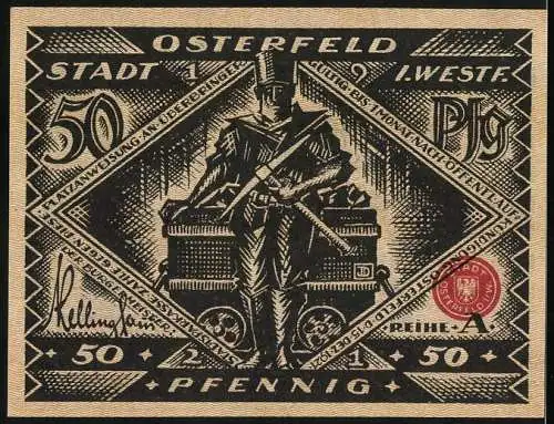 Notgeld Osterfeld 1921, 50 Pfennig, Bergarbeiter mit Schaufel und Stadtansicht im Hintergrund