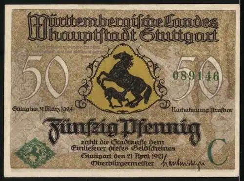 Notgeld Stuttgart, 1921, 50 Pfennig, Württembergische Landeshauptstadt mit Schlossansicht und Wappen von Stuttgart