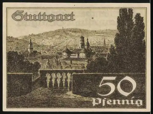 Notgeld Stuttgart 1921, 50 Pfennig, Pferd und Stadtansicht, gültig bis 31. März 1924