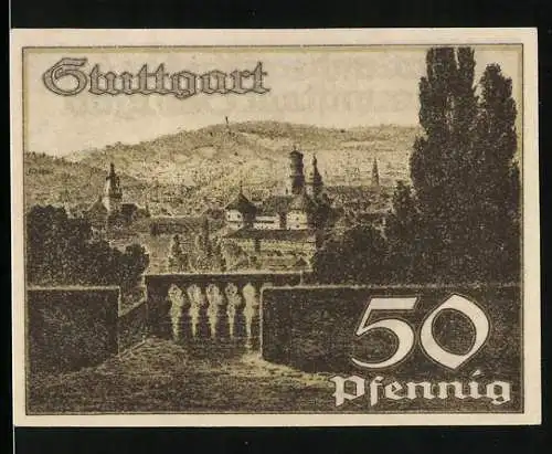 Notgeld Stuttgart, 1921, 50 Pfennig, Abbildung von Stadtlandschaft und Wappen mit Pferd
