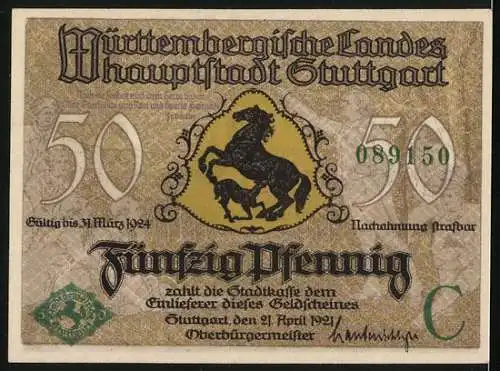 Notgeld Stuttgart, 1921, 50 Pfennig, Abbildung von Stadtlandschaft und Wappen mit Pferd