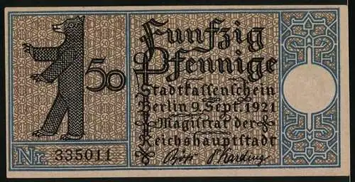 Notgeld Berlin-Friedrichshain 1924, 50 Pfennig, Überfahrt zum Stralauer Fischzug und Berliner Bär