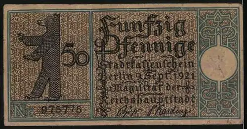 Notgeld Berlin-Wilmersdorf, 1914, 50 Pfennig, Jagdschloss Grunewald und Bär, Seriennummer 975775