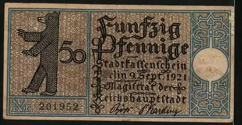 Notgeld Berlin, 1921, 50 Pfennig, Vorderseite mit Bär und Wert, Rückseite mit Abbildung von Flusslandschaft und Stadt