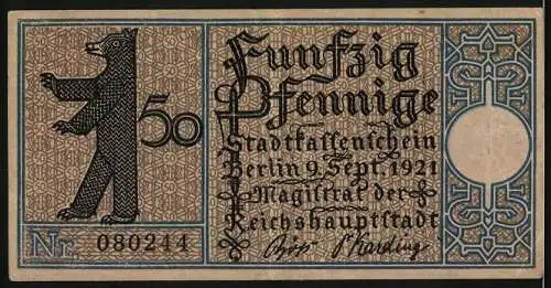 Notgeld Berlin 1921, 50 Pfennig, Berliner Rathaus im Jahre 1819 und Berliner Bär