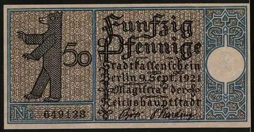 Notgeld Berlin 1921, 50 Pfennig, Erstes Dampfschiff der Linie Zelten-Charlottenburg um 1830, Bärensymbol und Text