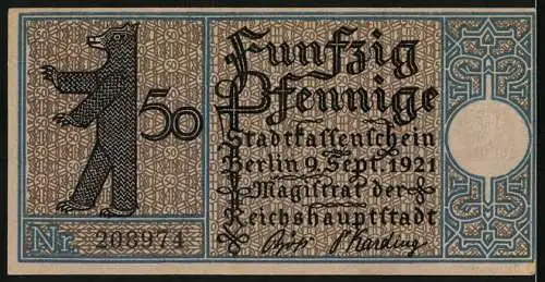 Notgeld Berlin-Pankow 1921, 50 Pfennig, Gehöft in Pankow um 1779, Bär und Text auf der Rückseite