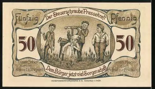 Notgeld Saalfeld a. Saale, 1921, 50 Pfennig, Rathausabbildung und satirische Darstellung der Steuerbelastung