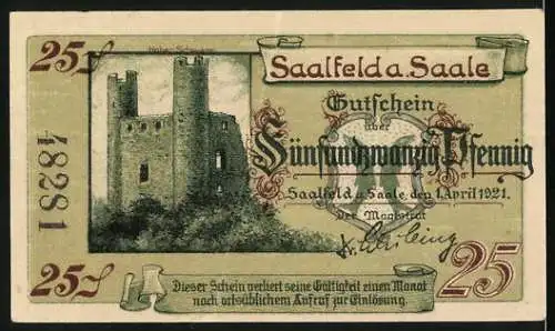 Notgeld Saalfeld a. Saale 1921, 25 Pfennig, Burgen an der Saale und Gutschein der Stadt