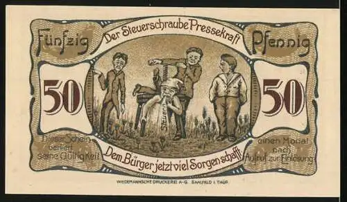 Notgeld Saalfeld a. Saale 1921, 50 Pfennig, Rathaus und Bauern mit Steuerlast