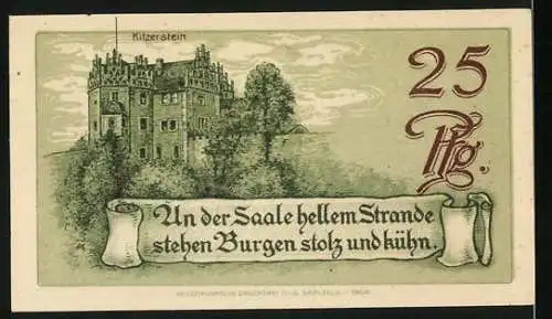 Notgeld Saalfeld a. Saale, 1921, 25 Pfennig, Burgen Hoher Schwarm und Kitzerstein, Gültigkeit einen Monat