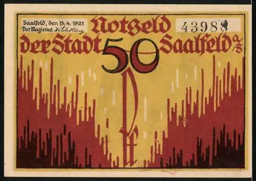 Notgeld Saalfeld, 1921, 50 Pf, Der hohe Schwarm mit Burg und Grafiken in rot und gelb