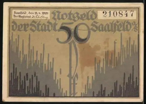 Notgeld Saalfeld, 1921, 50 Pf, Die Feengrotten, Vorderseite zeigt Höhlenszene, Rückseite mit Seriennummer 210847