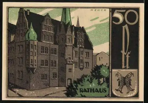 Notgeld Saalfeld, 1921, 50 Pfennig, Rathaus und stilisierte Feder, Seriennummer 87747