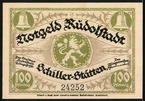 Notgeld Rudolstadt, 1921, 100 Pfennig, Schillerhaus /Schillerstrasse mit Löwenwappen und Seriennummer 24252