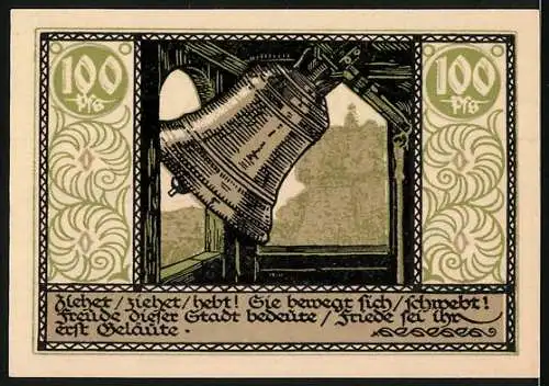 Notgeld Rudolstadt 1921, 100 Pfennig, Löwenwappen und Glocke im Turm