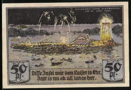 Notgeld Hamburg, 1921, 50 Pfennig, Kaiser-Oder-Alsterinsel mit Feuerwerk und Reiter der Sportvereinigung St. Georg