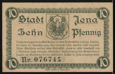 Notgeld Jena, 1920, 10 Pfennig, Universitätsstadt mit Turm und Wappen