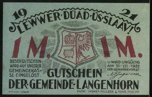 Notgeld Langenhorn, 1921, 1 Mark, Historische Abbildung eines Dorfes mit Menschen und Haus, Gutschein der Gemeinde